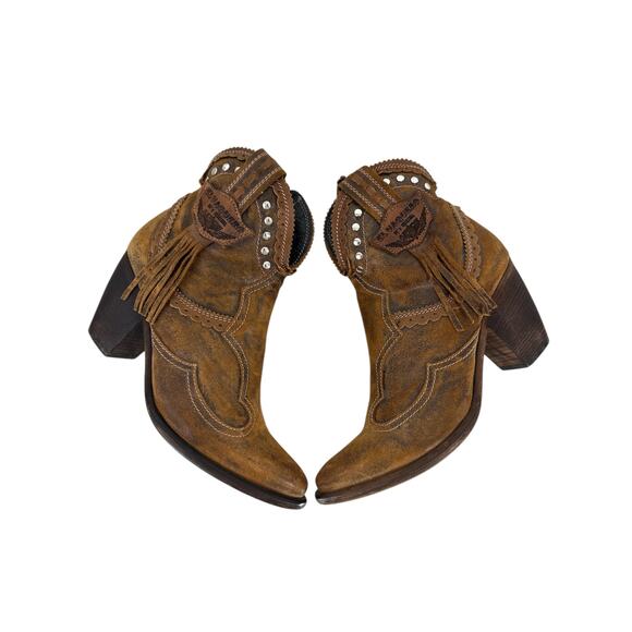 El Vaquero Women’s Pecos Ankle Boots Brown Leather Fringe Studded Size 41 Boho - Picture 5 of 14